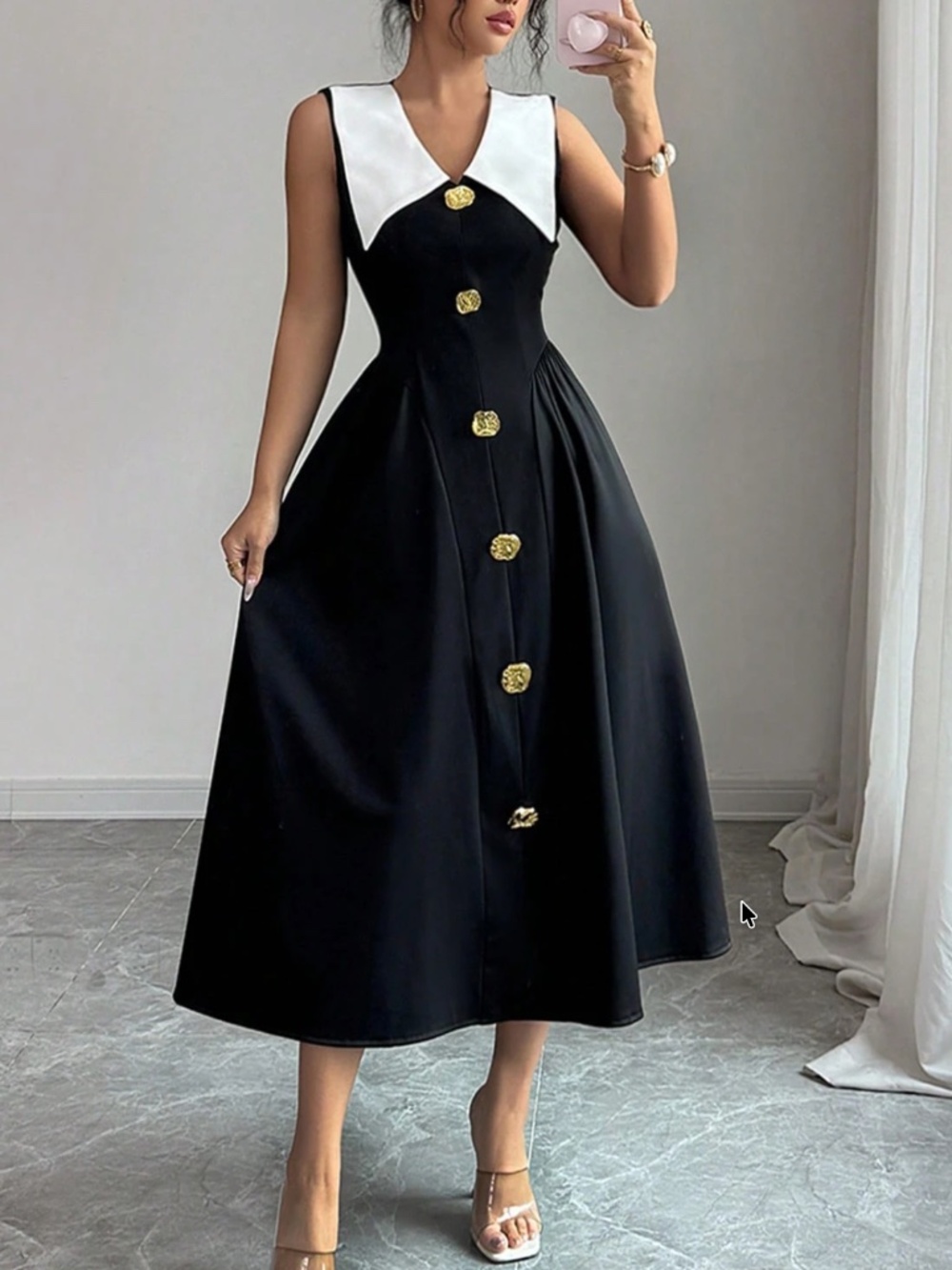 Luxe Solid Button Detail Wide Collar Flared High Waisted Dress - Picture 9 of 11